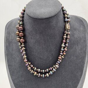 Peacock Graduated Size Freshwater Double Strand Necklace With Silver Beads